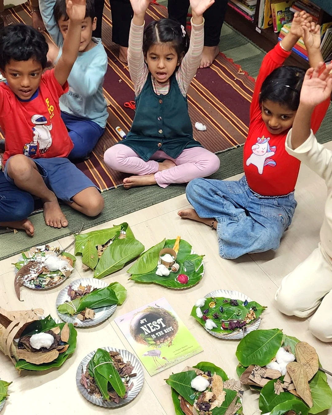 Children creating nests from leaves at BOB