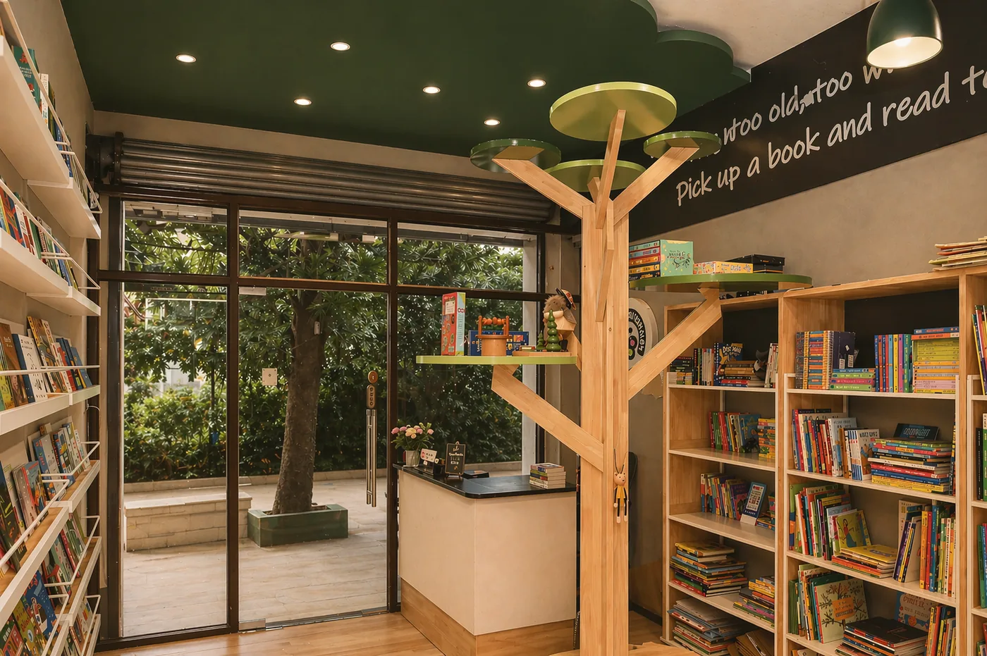 Warm Bond Over Bindings bookstore wall with children's books