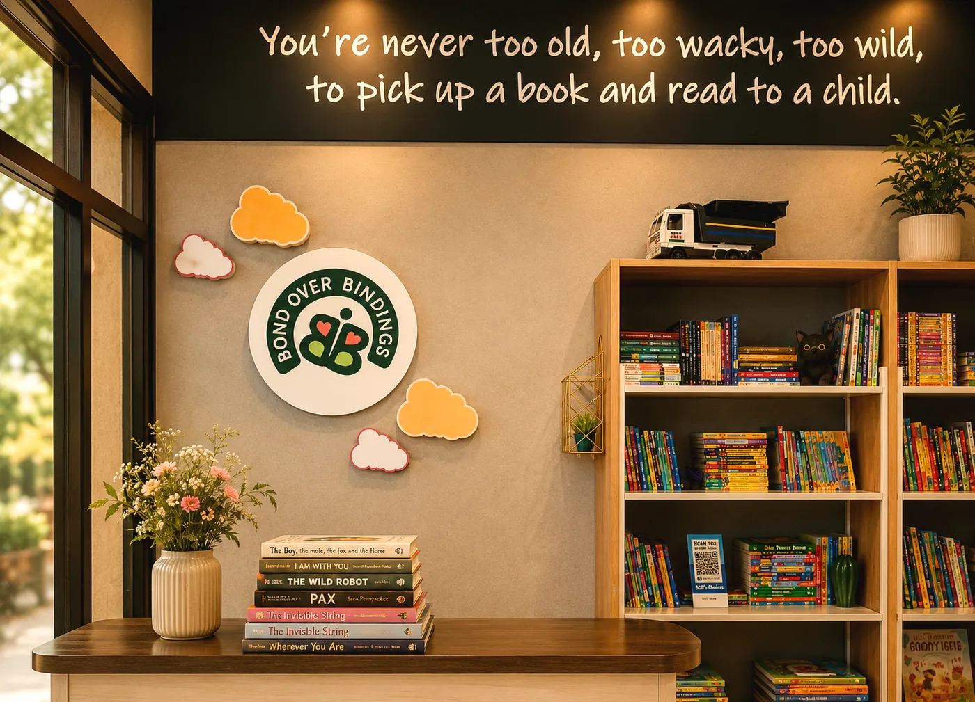 Cozy children's bookstore shelves at Bond Over Bindings